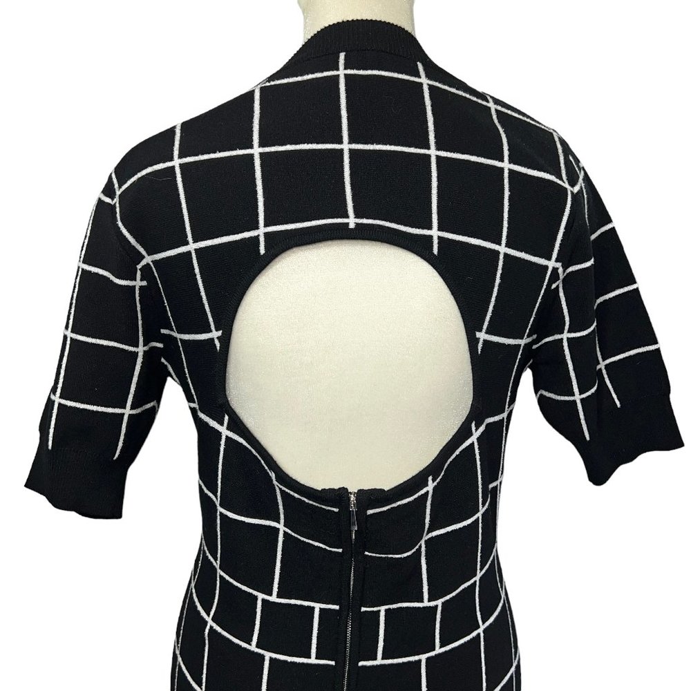 MILLY Black & White Windowpane Knit A-Line Dress – Open Back – Size M - Picture 13 of 16